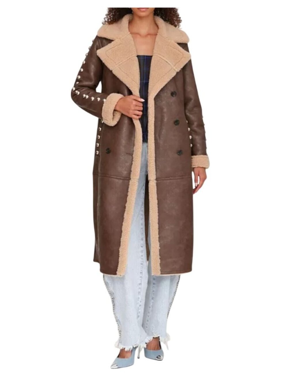 NWT Avec Les Filles Faux Leather Shearling Coat Brown Tan M MSRP $198